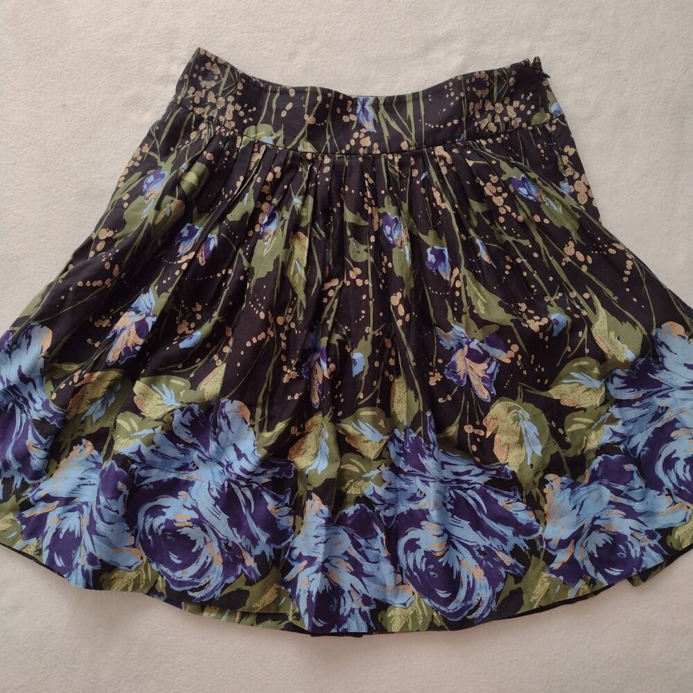 Ann Taylor Loft Floral Full Skirt S6 Black Blue Green Metallic Cotton w Pockets - Picture 4 of 8